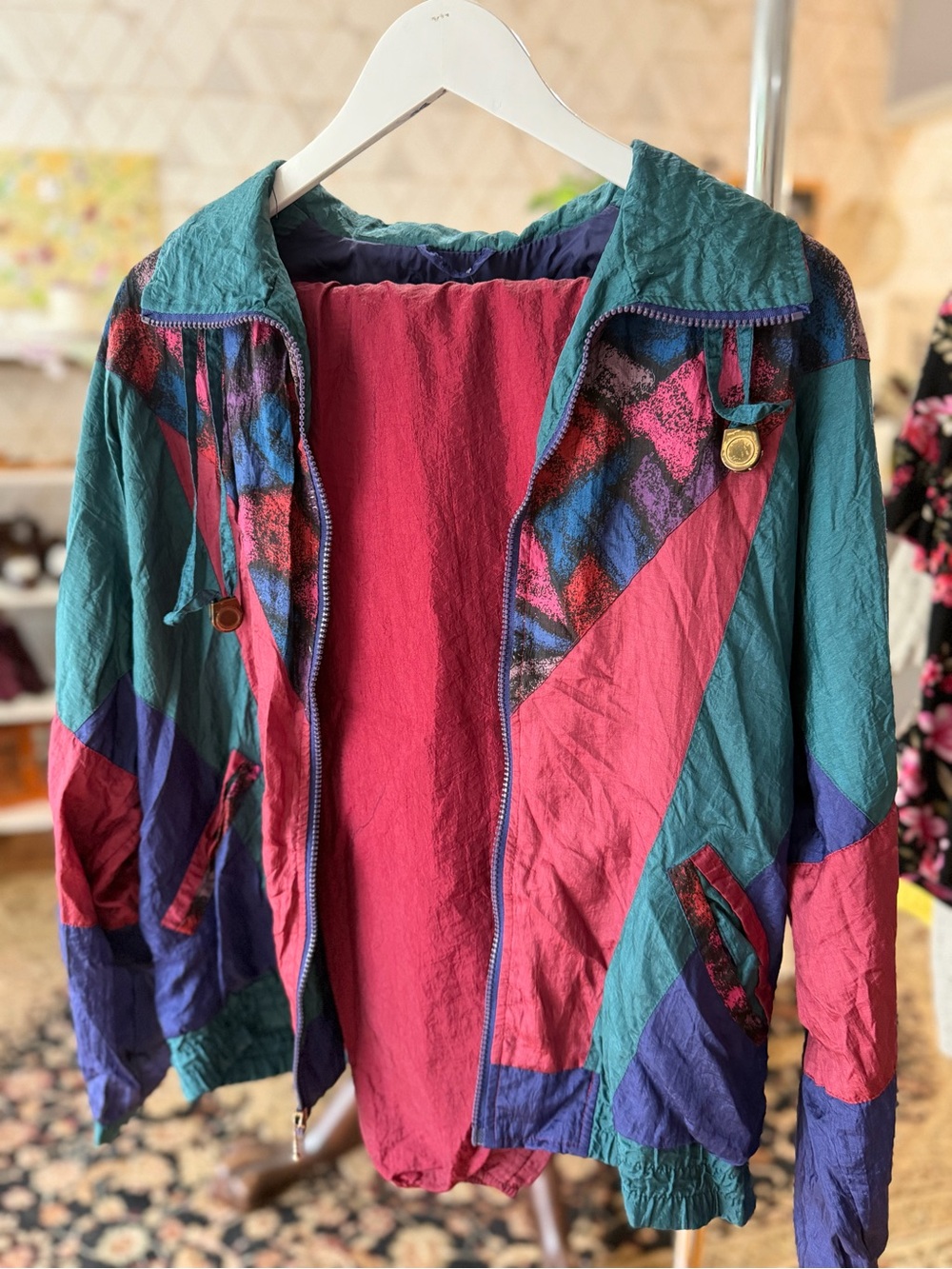 Vintage Colorblock Windbreaker Jacket in Teal, Magenta & Purple